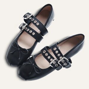 KAITLYN PAN Rina Buckle Ballet Flat Black Leather Size‎ 8 Black Balletcore